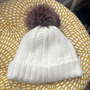 White Knit Fleece Lined Beanie with Brown Pom Pom